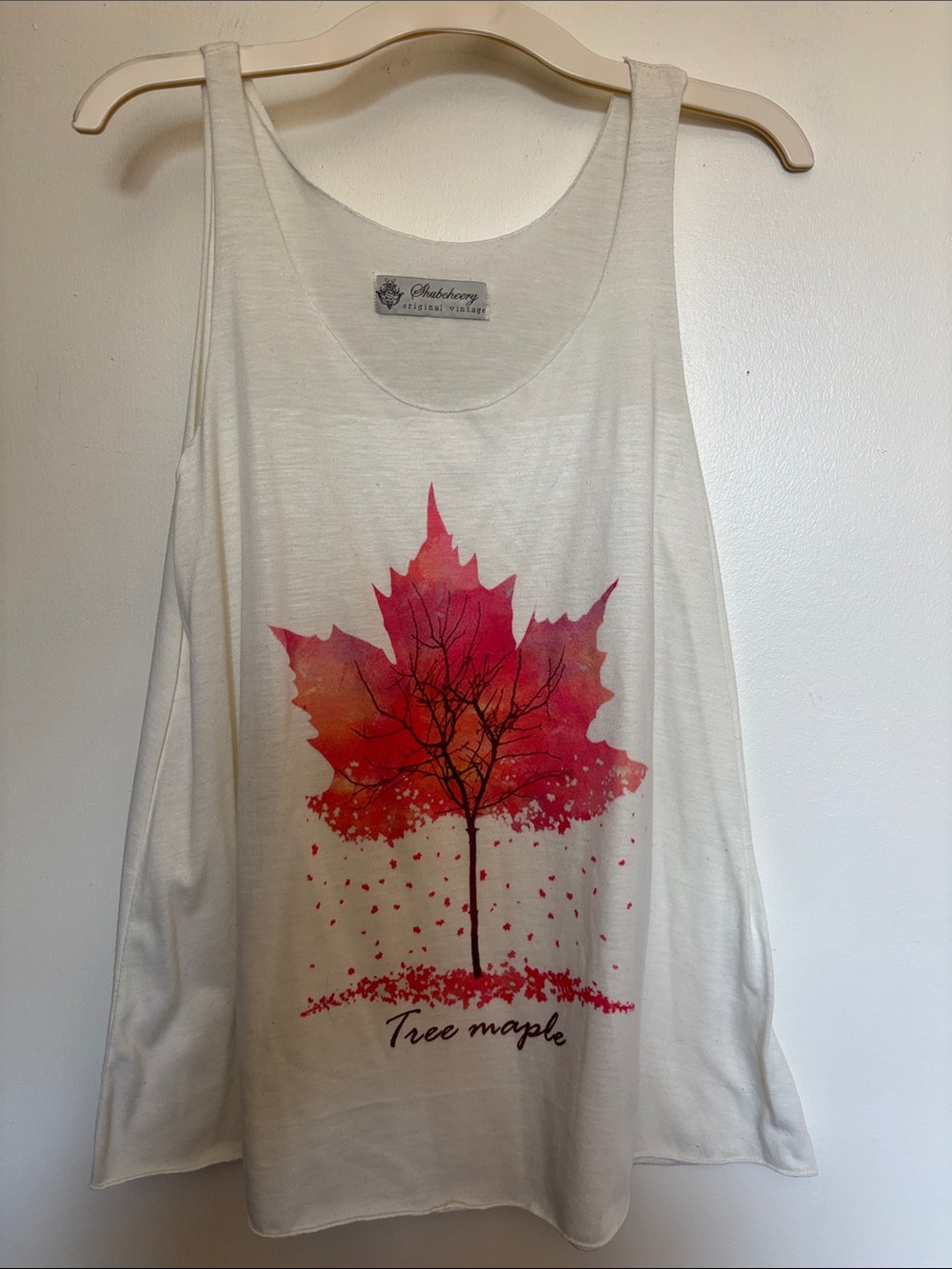 White Muscle Tank with Pink-Red Maple Tree Graphic